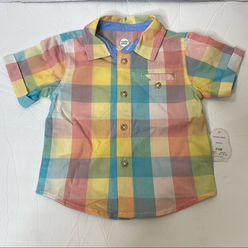 Wonder Nation Boy’s Plaid Button Down & Stretch Denim Short Set 24M - Picture 3 of 11
